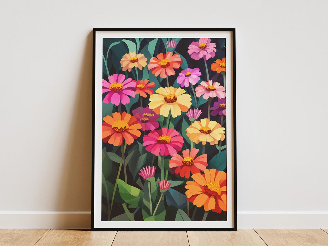Vibrant Zinnia Flower Garden Poster in Bold Pink Orange and Yellow