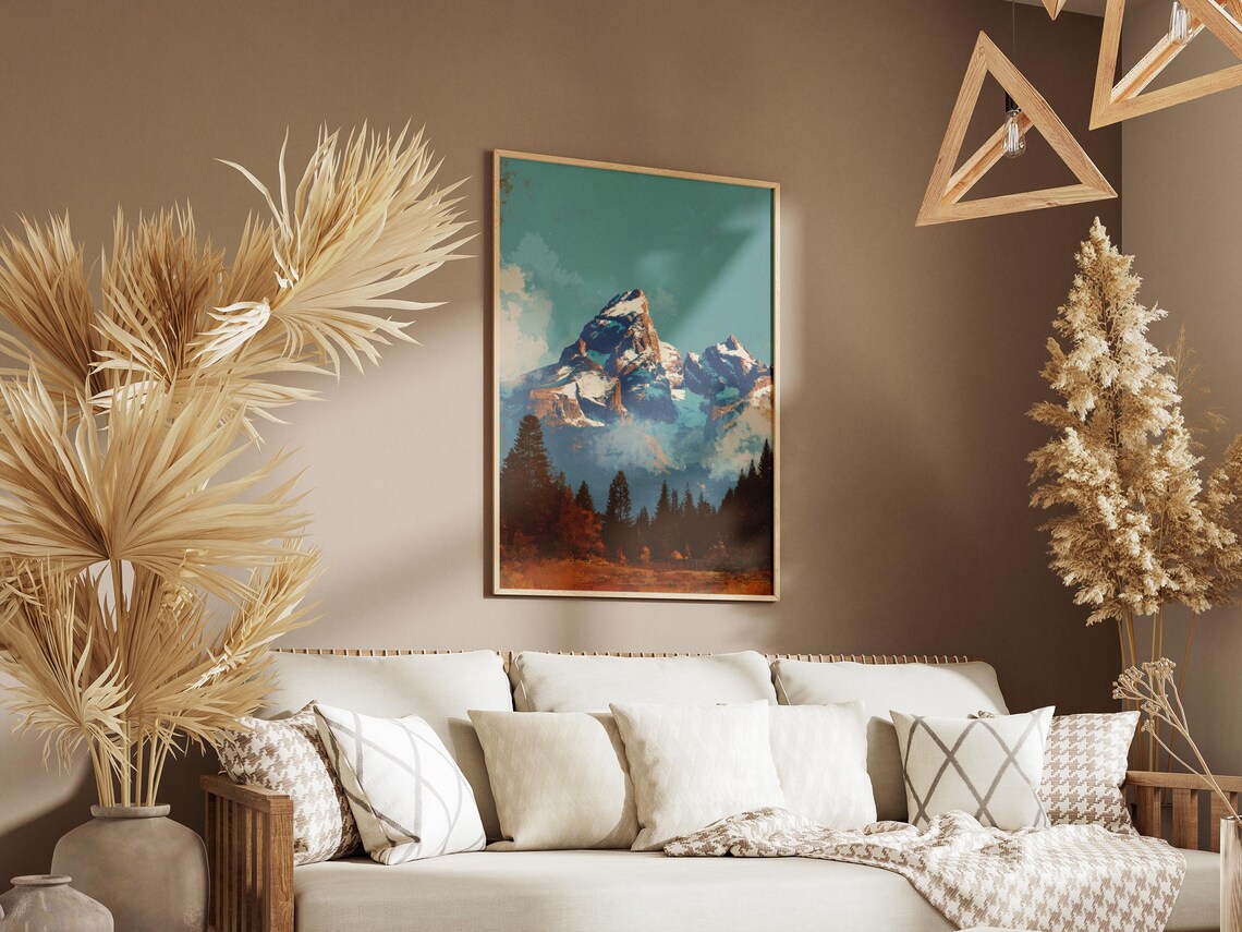 Grand Teton National Park Vintage Retro Mountain Peaks Scene Poster - Image 3