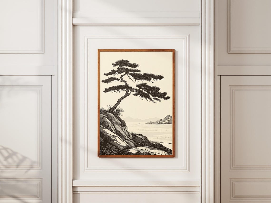 Japanese Coastal Pine Tree Cliff Ink Seascape Illustration Poster - Image 2