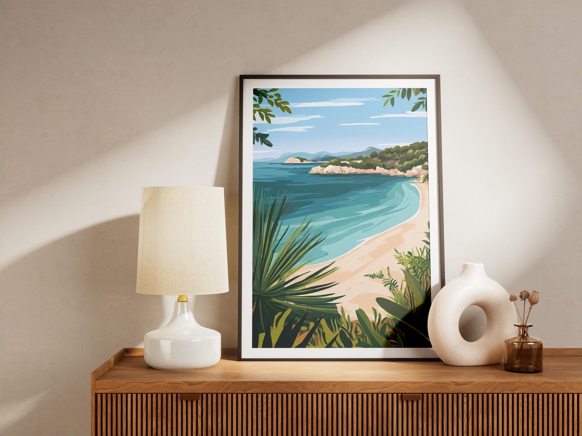 Curved Tropical Beach Bay Turquoise Water Illustration Poster - Image 5