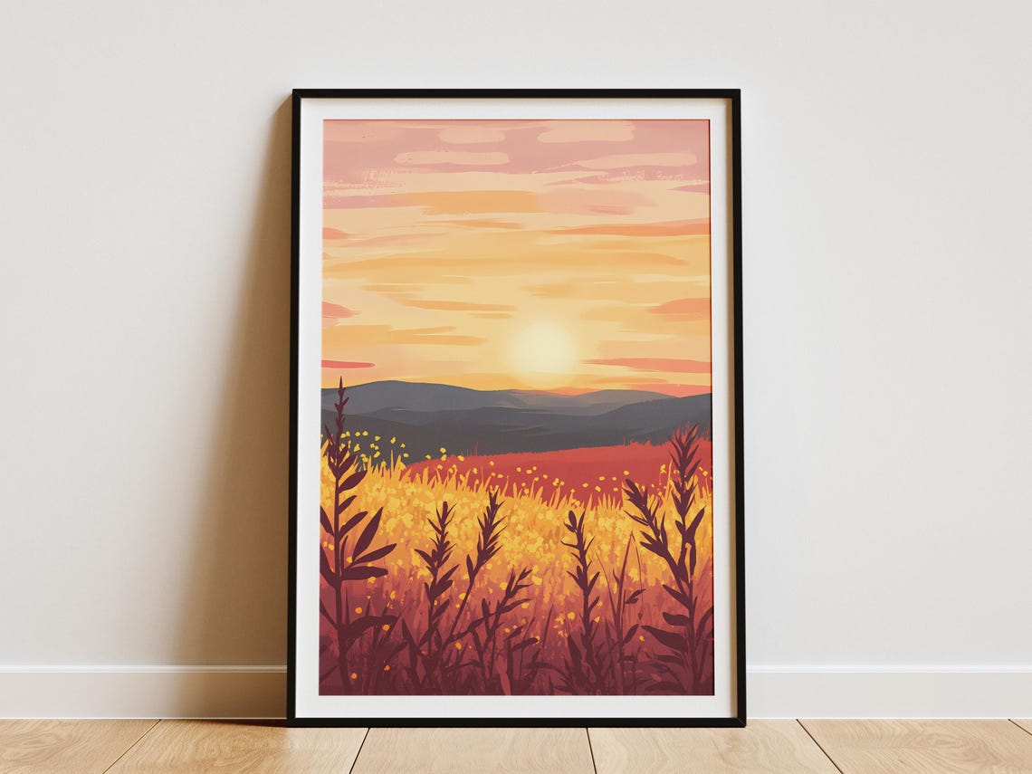 Prairie Sunset Golden Wildflower Tall Grasses Landscape Poster