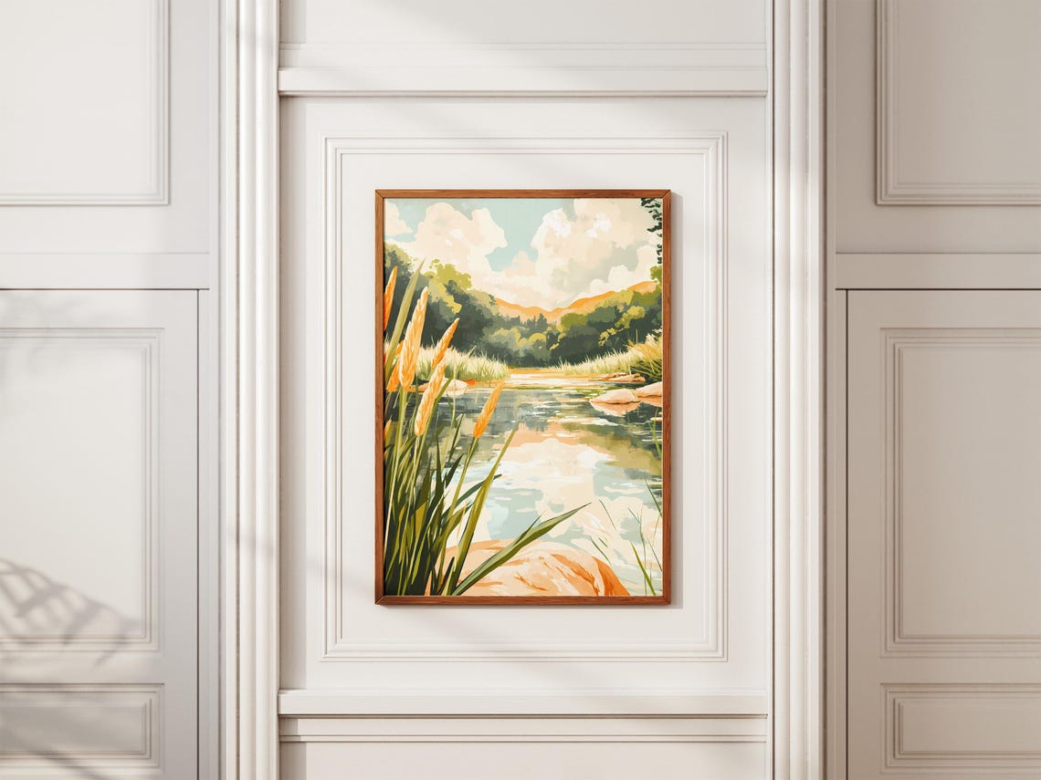 Peaceful River with Golden Cattails and Soft Morning Clouds Poster - Image 2