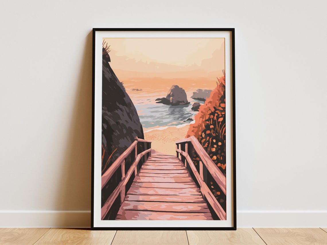 Pink Sunset Wooden Boardwalk Stairway Down to the Ocean Poster