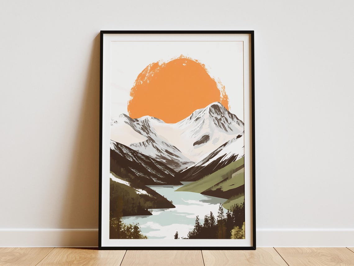 Brushstroke Sun Over Snowy Mountains Alpine Lake Scenic Poster