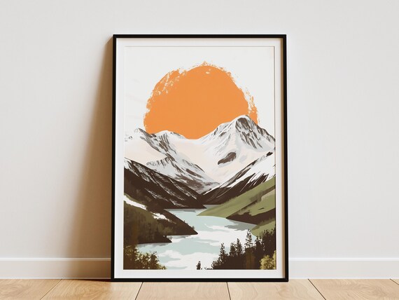 Orange Sunset Mountain Peak Landscape Art Print Modern Minimalist Nature Wall Decor Snowy Mountain Range Poster Lake And Forest Scenery