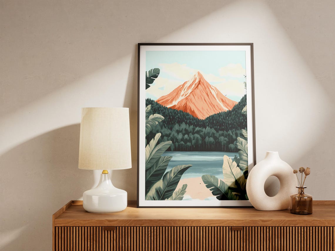 Orange Mountain Peak Above Pine Forest Lake Tropical Leaves Poster - Image 5