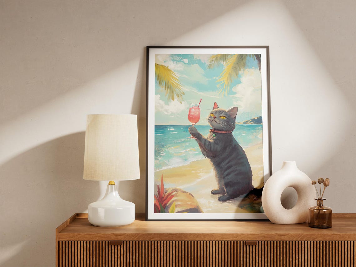 Adorable Grey Tabby Cat Holding Pink Cocktail On The Beach Poster - Image 5