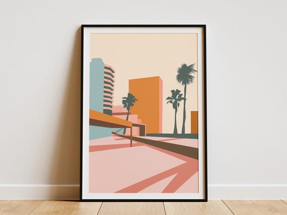 Los Angeles Cityscape Art Print California Modernist Poster Geometric Building Illustration Abstract Palm Tree Design Peach Pink