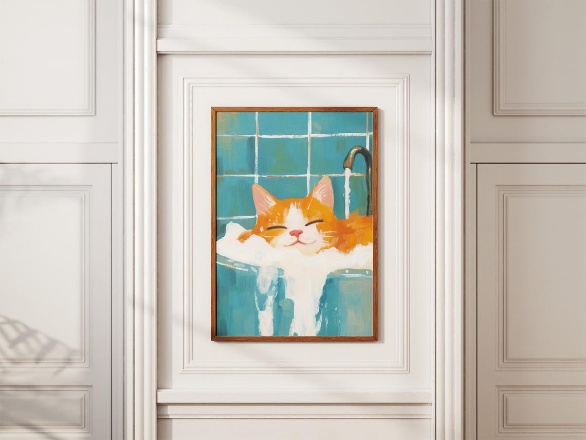 Blissful Ginger Cat Soaking in Teal Bubble Bath Cozy Art Poster - Image 2
