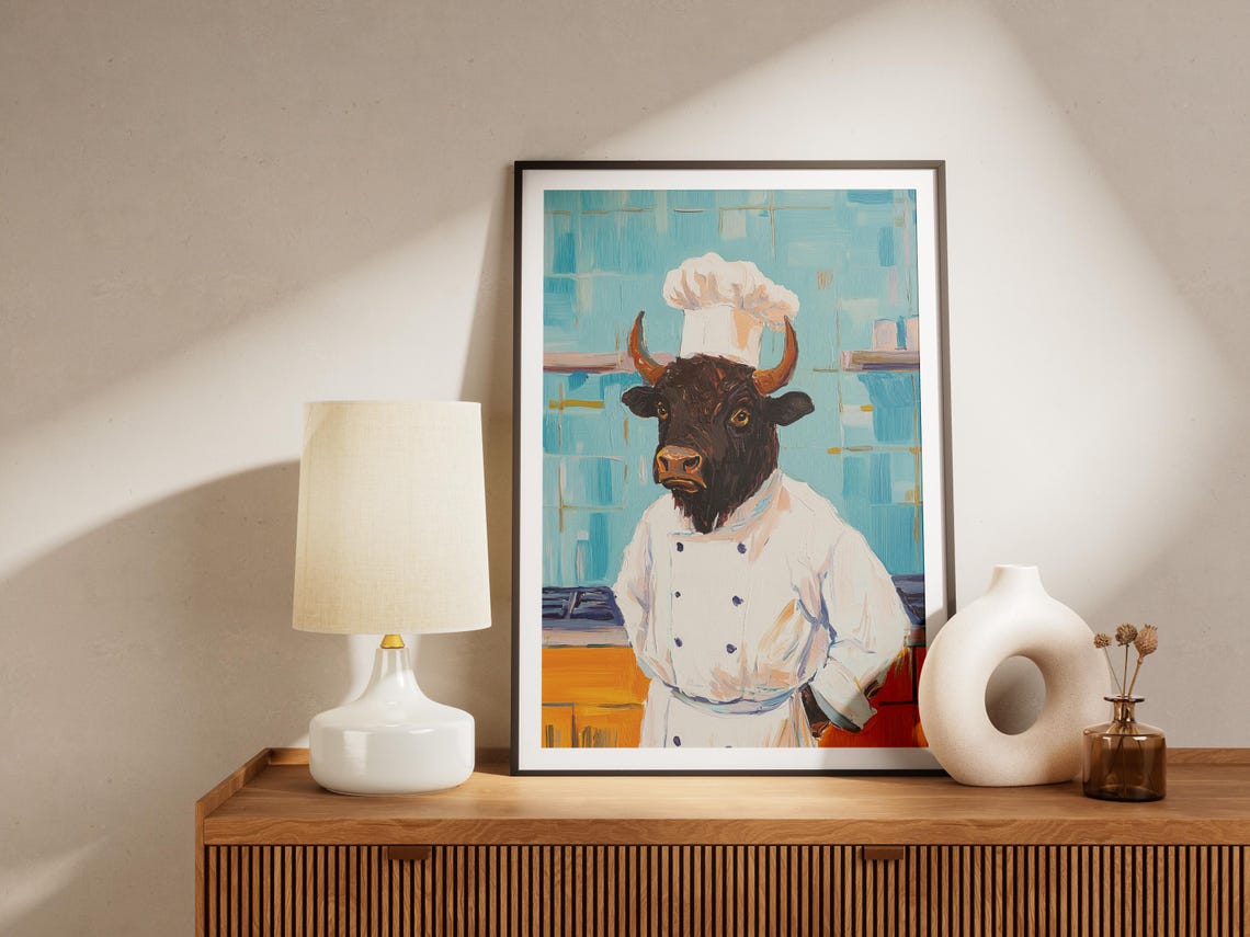 Bison Chef Whimsical Animal Portrait Teal Kitchen Scene Poster - Image 4