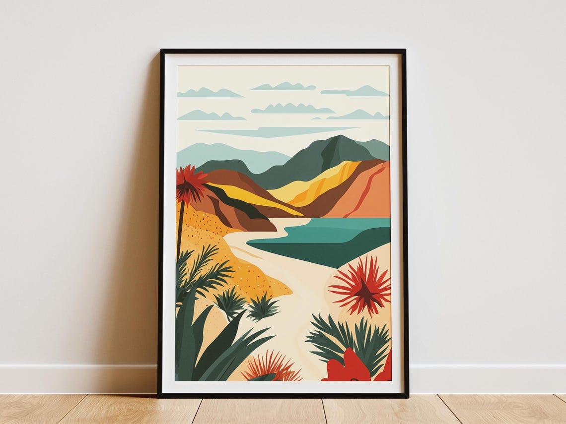 Colorful Hills Red Flowers Teal Bay Tropical Abstract Poster