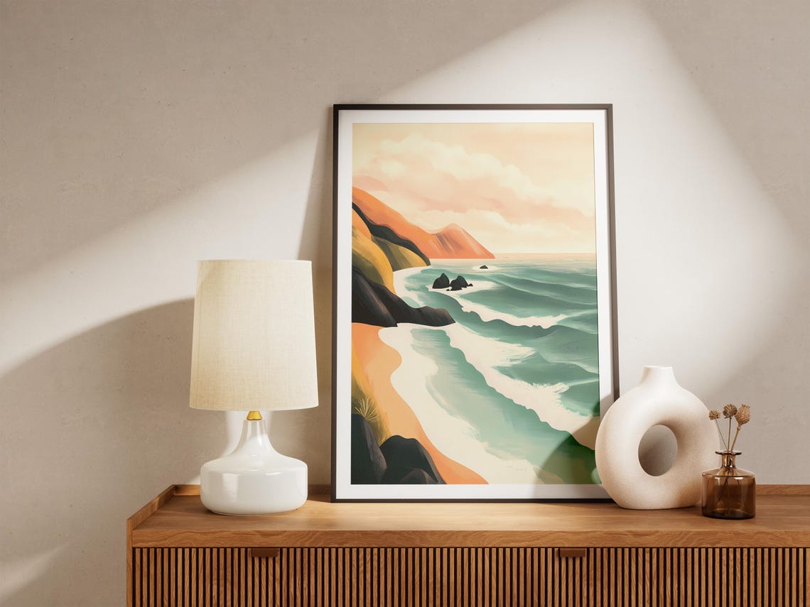 Teal Coastal Waves Rolling Onto a Sandy Beach Beneath Cliffs Poster - Image 5