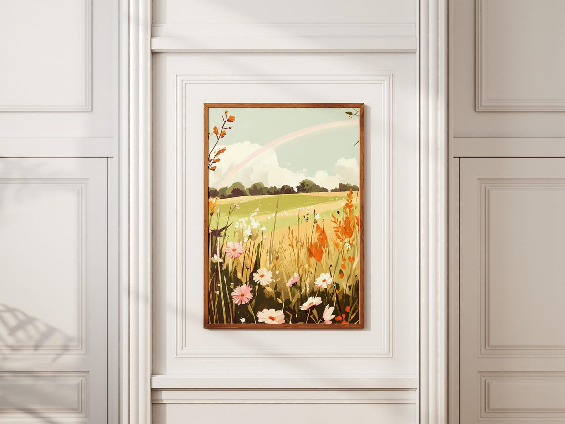 Wildflower Meadow with Daisies and a Soft Rainbow Arc Poster - Image 2