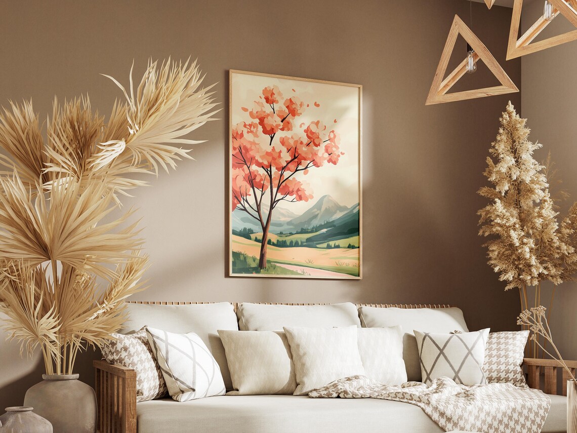 Coral Blossom Tree Standing in a Green Mountain Meadow Poster - Image 3