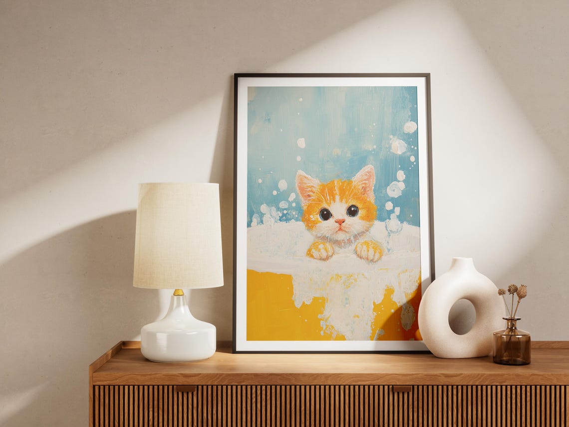 Orange Kitten in Yellow Foamy Bathtub Funny Cute Cat Art Poster - Image 4