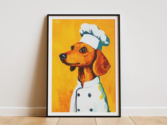 Dachshund Chef Art Print Kitchen Decor Sausage Dog Poster Wiener In Hat Funny Animal Cute