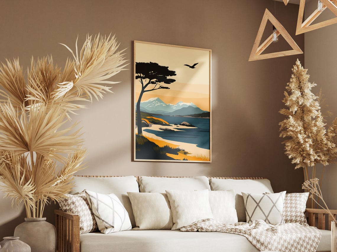 Coastal Shore Silhouette Tree Snowy Peaks Seabird Sunset Poster - Image 3