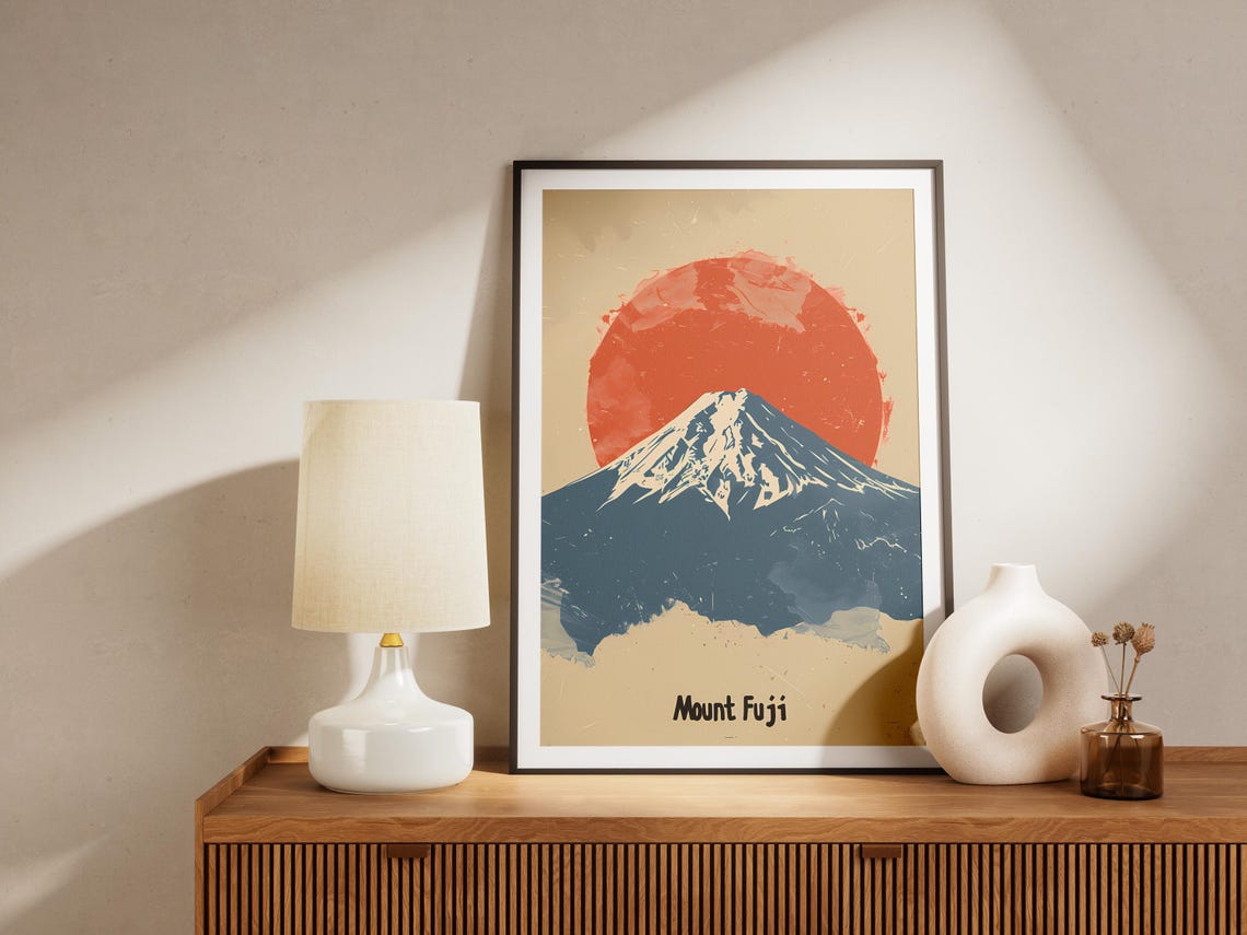 Mount Fuji Giant Rising Red Sun Vintage Beige Travel Art Poster - Image 2