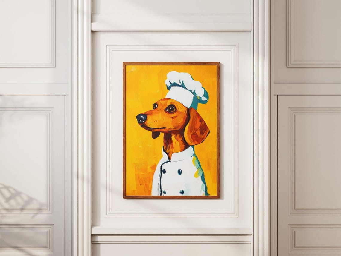 Dachshund Chef Whimsical Sausage Dog Portrait Yellow Art Poster - Image 2