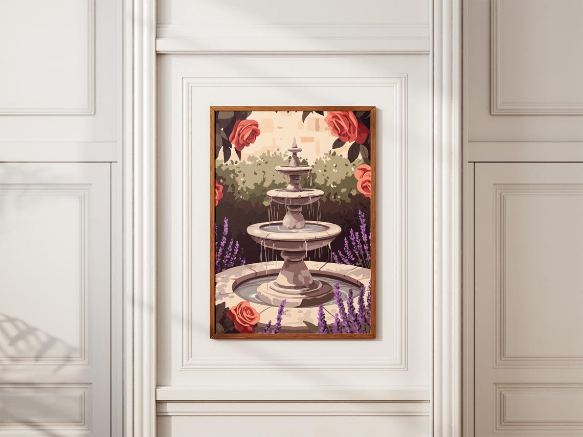 Stone Garden Fountain With Roses and Lavender Poster in Bloom - Image 2