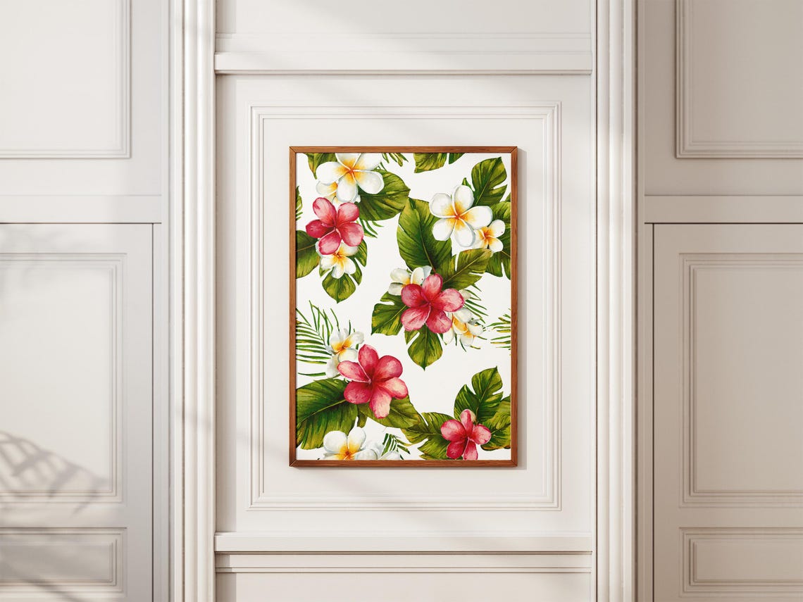Watercolor Tropical Floral Pattern Plumeria Monstera Leaf Art Poster - Image 2