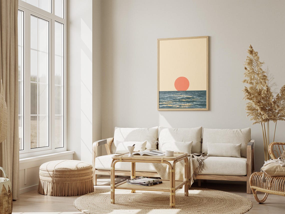 Minimalist Ocean Sunset Poster with Coral Sun over Teal Waves - Image 4