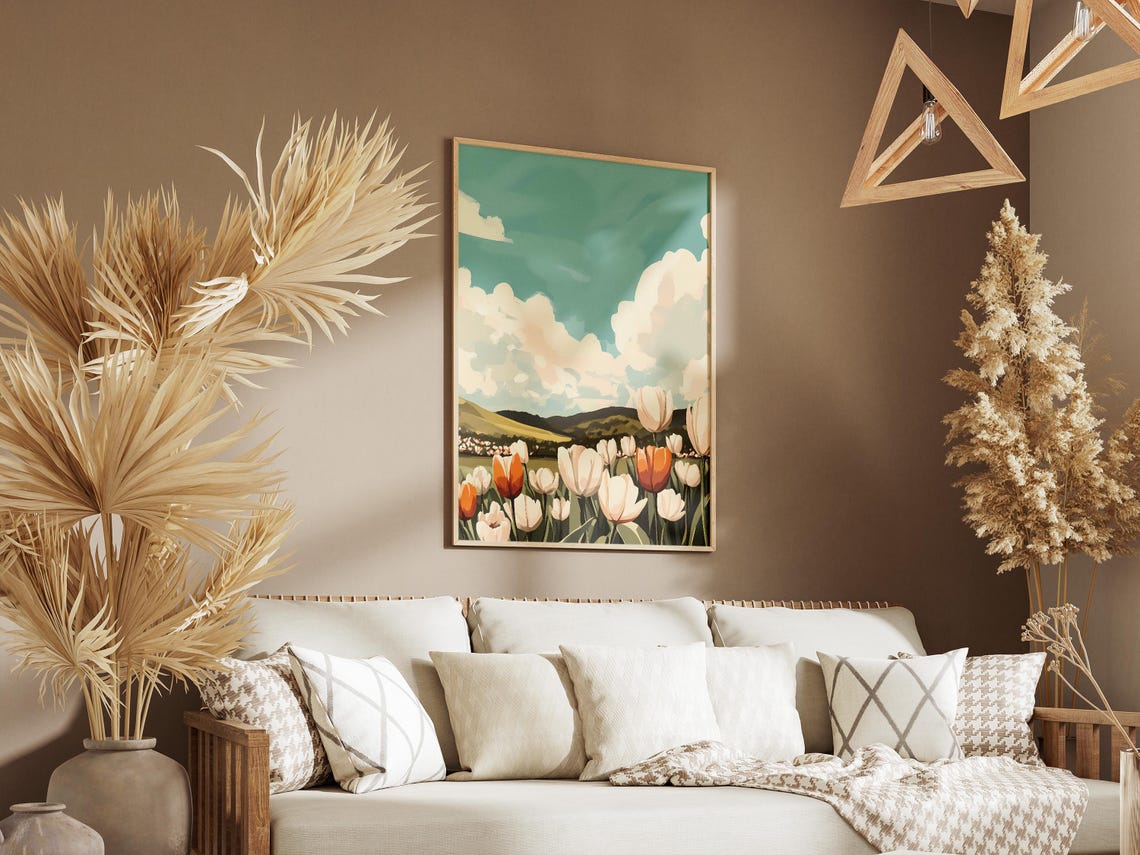 White And Orange Tulip Field Cloudy Teal Sky Blooming Spring Poster - Image 3