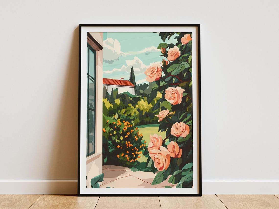 Mediterranean Garden with Climbing Pink Roses and Villa View Poster