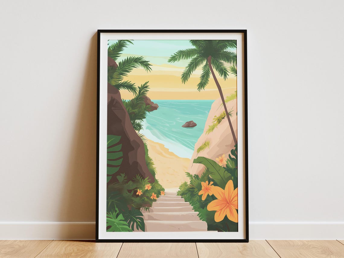 Tropical Beach Stairway Between Palms and Orange Flowers Poster