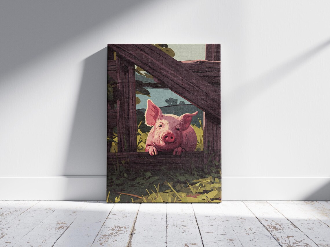 Pink Piglet Peeking Over Wooden Fence Rustic Farm Barnyard Poster - Image 2