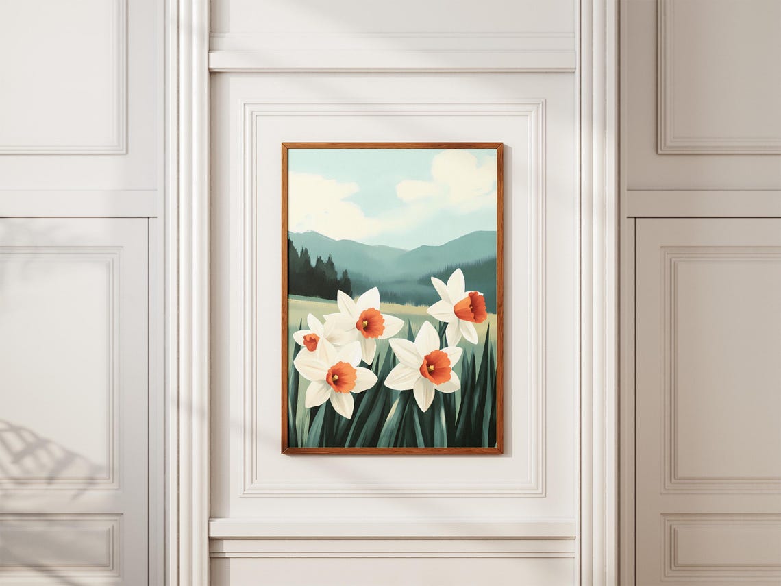 White Daffodils With Orange Cups In Green Valley Landscape Poster - Image 2
