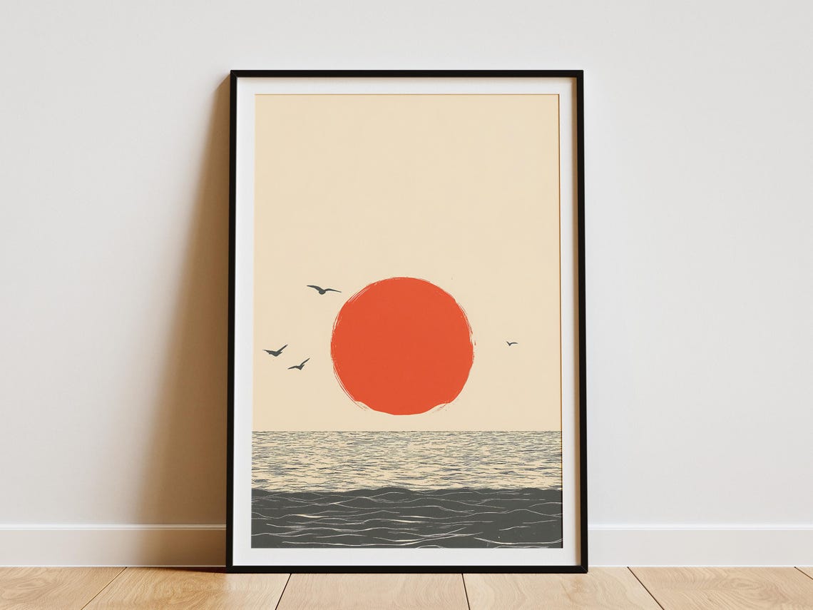 Bold Red Sun over Ocean with Seabirds Minimalist Sunset Poster