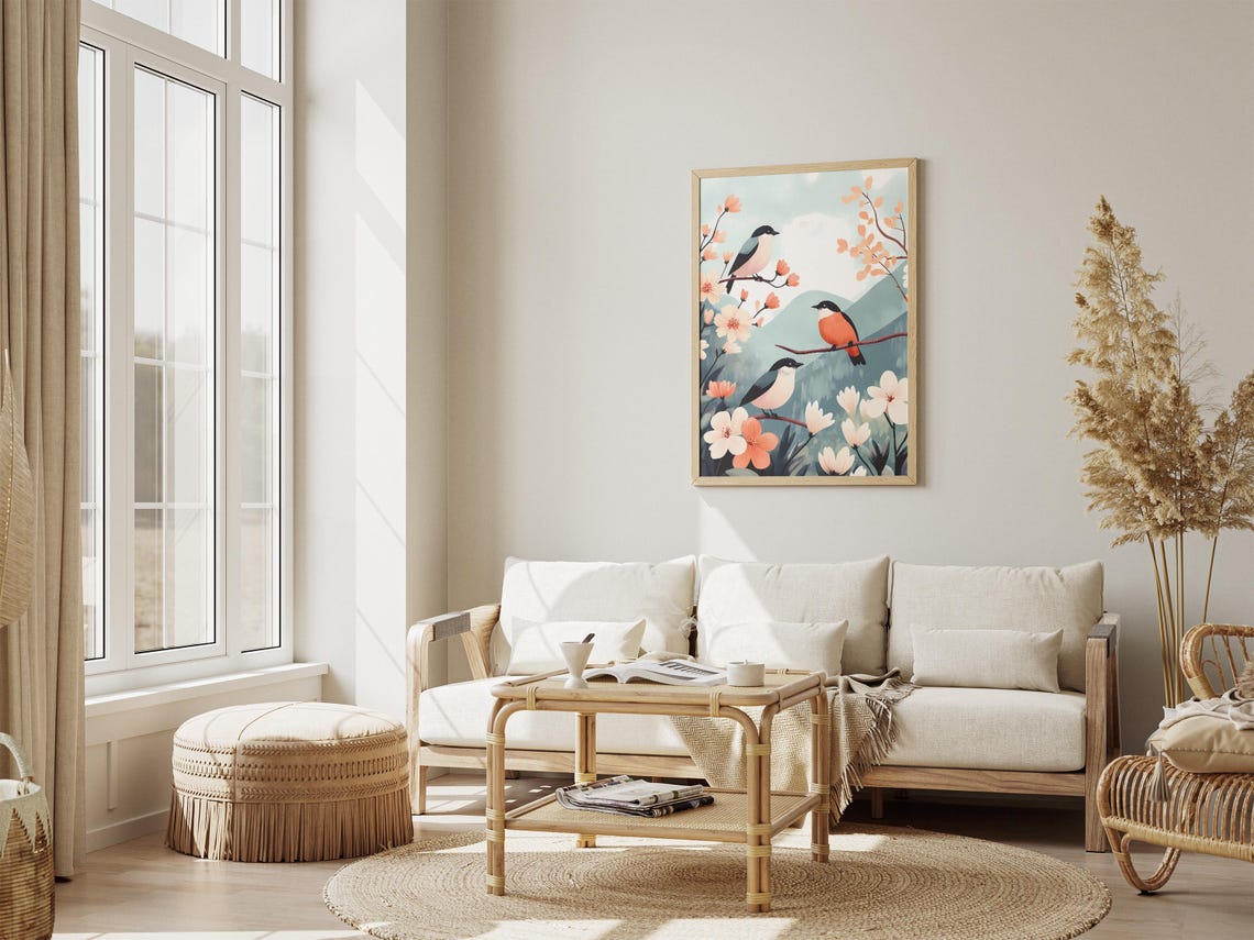 Three Colorful Songbirds Perched Among Peach Blossoms Art Poster - Image 4