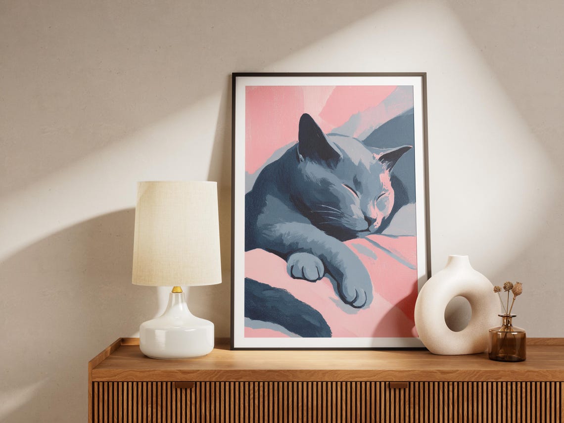 Gray Cat Sleeping on Pink Bedding Soft Pastel Pet Portrait Poster - Image 4