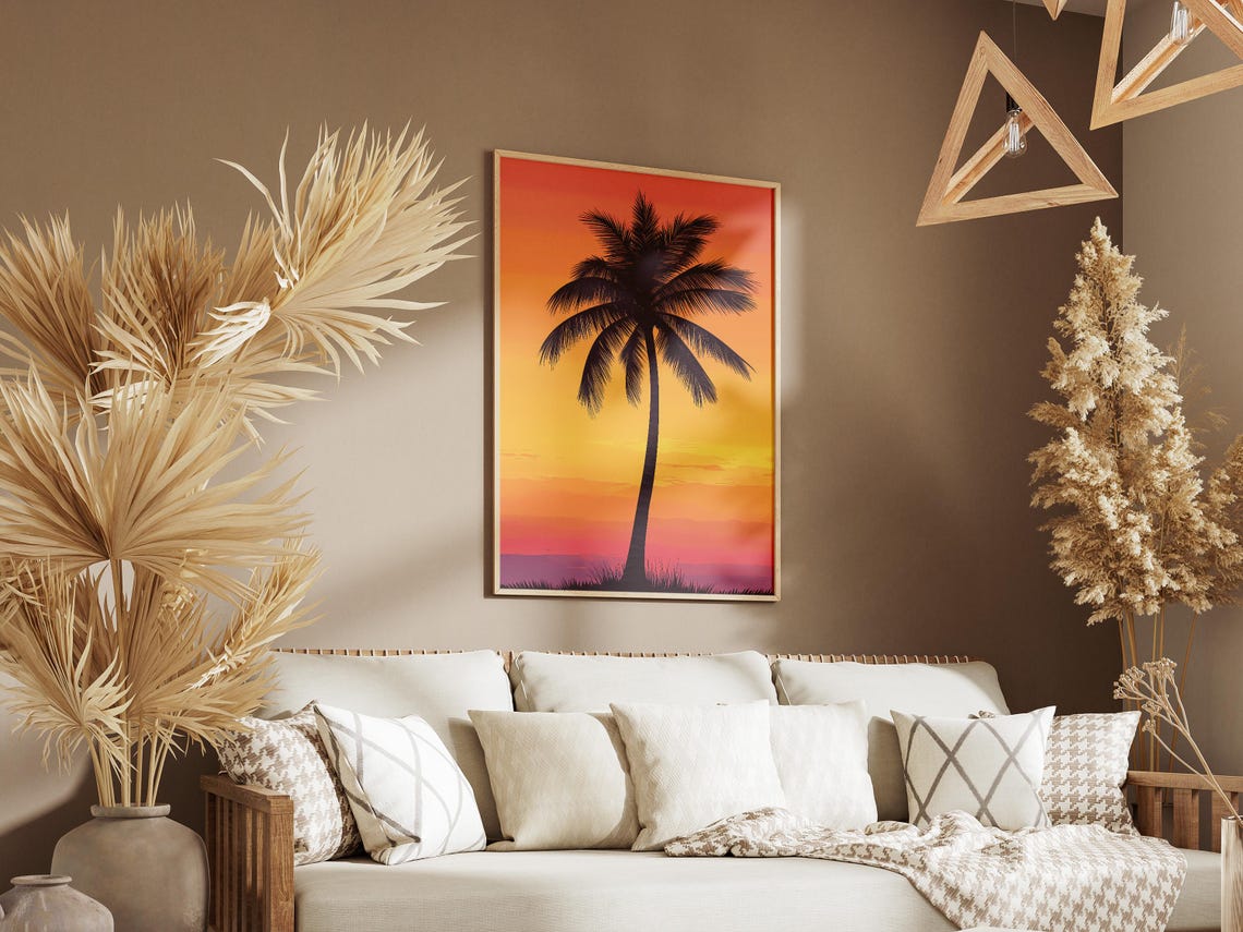Tropical Palm Tree Silhouette Against a Vivid Orange Sunset Poster - Image 3