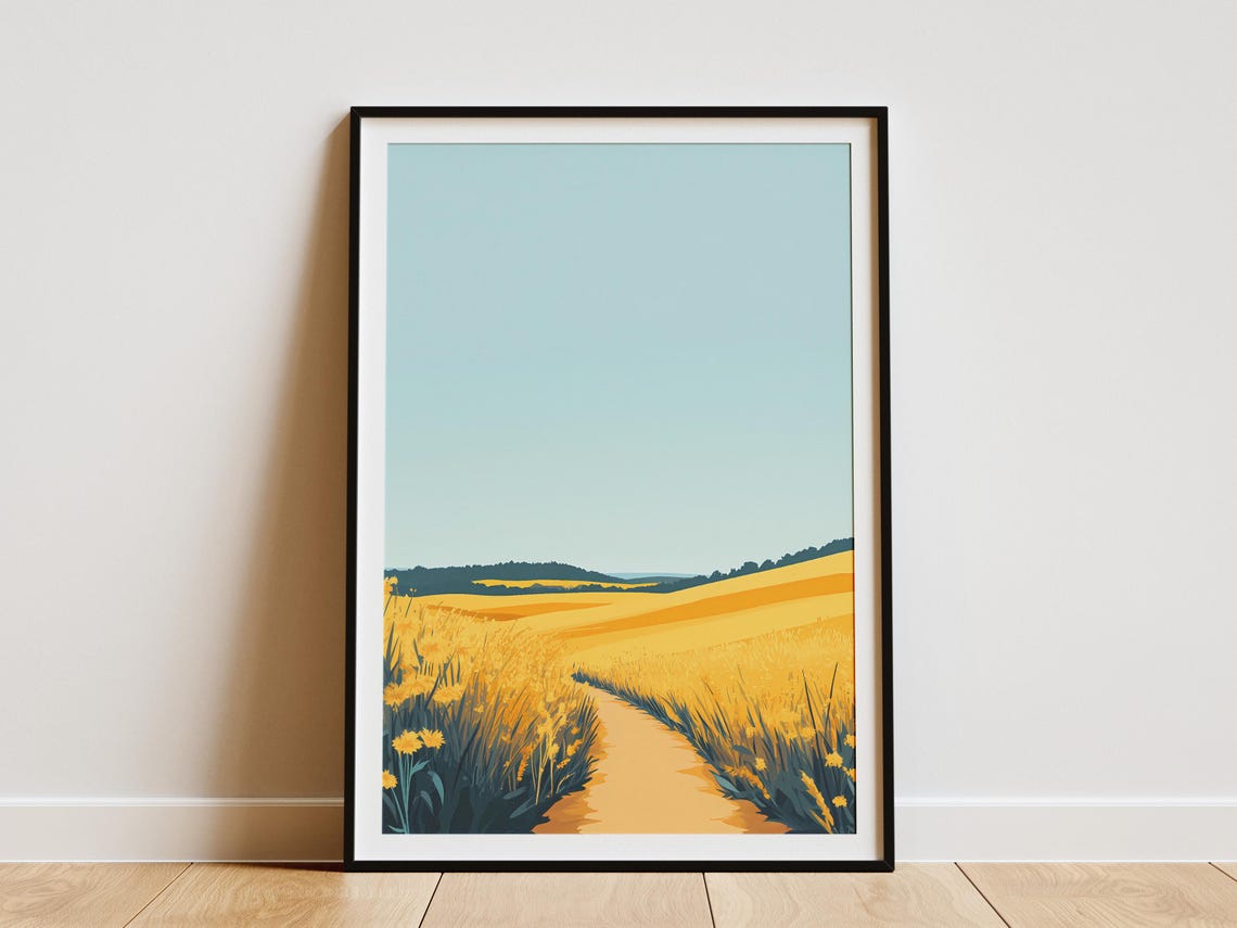 Sunny Yellow Wildflower Field With A Dirt Path Modern Art Poster