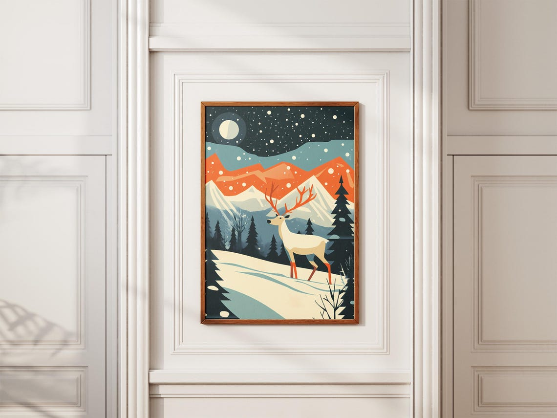 Siberian Tundra Christmas Reindeer Poster Vintage Festive Travel Print Holiday Decor Winter Animal Art Geometric Mountain Landscape Modern - Image 2