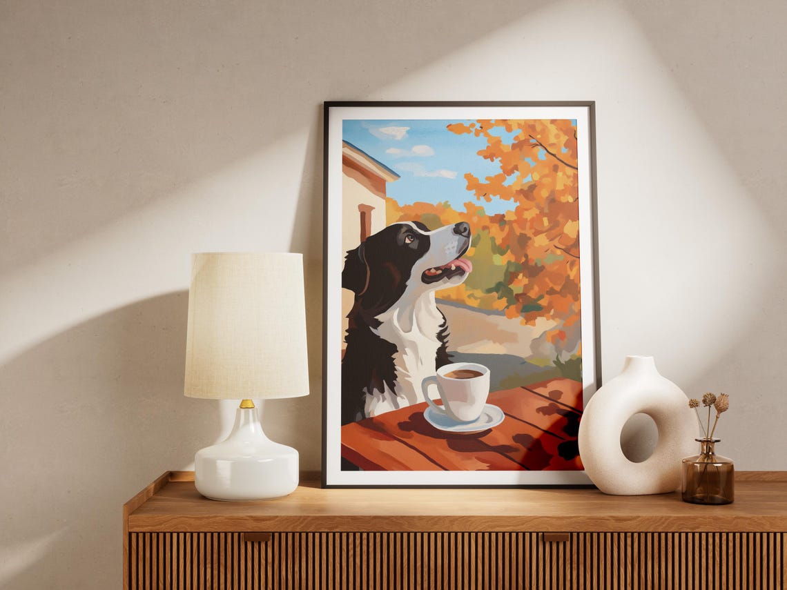 Border Collie with Coffee Under Glowing Autumn Trees Fall Dog Poster - Image 4