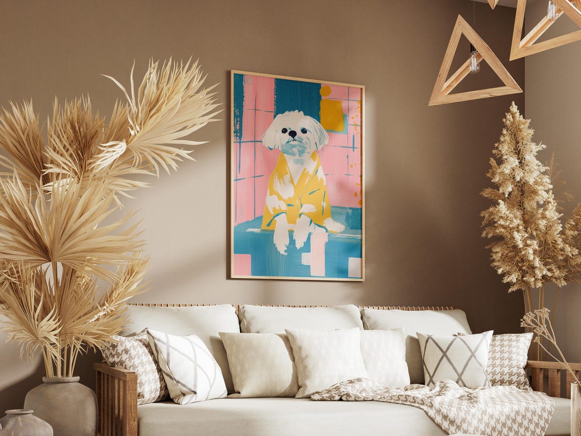 Cute White Fluffy Dog in Yellow Robe Colorful Pop Art Poster - Image 3