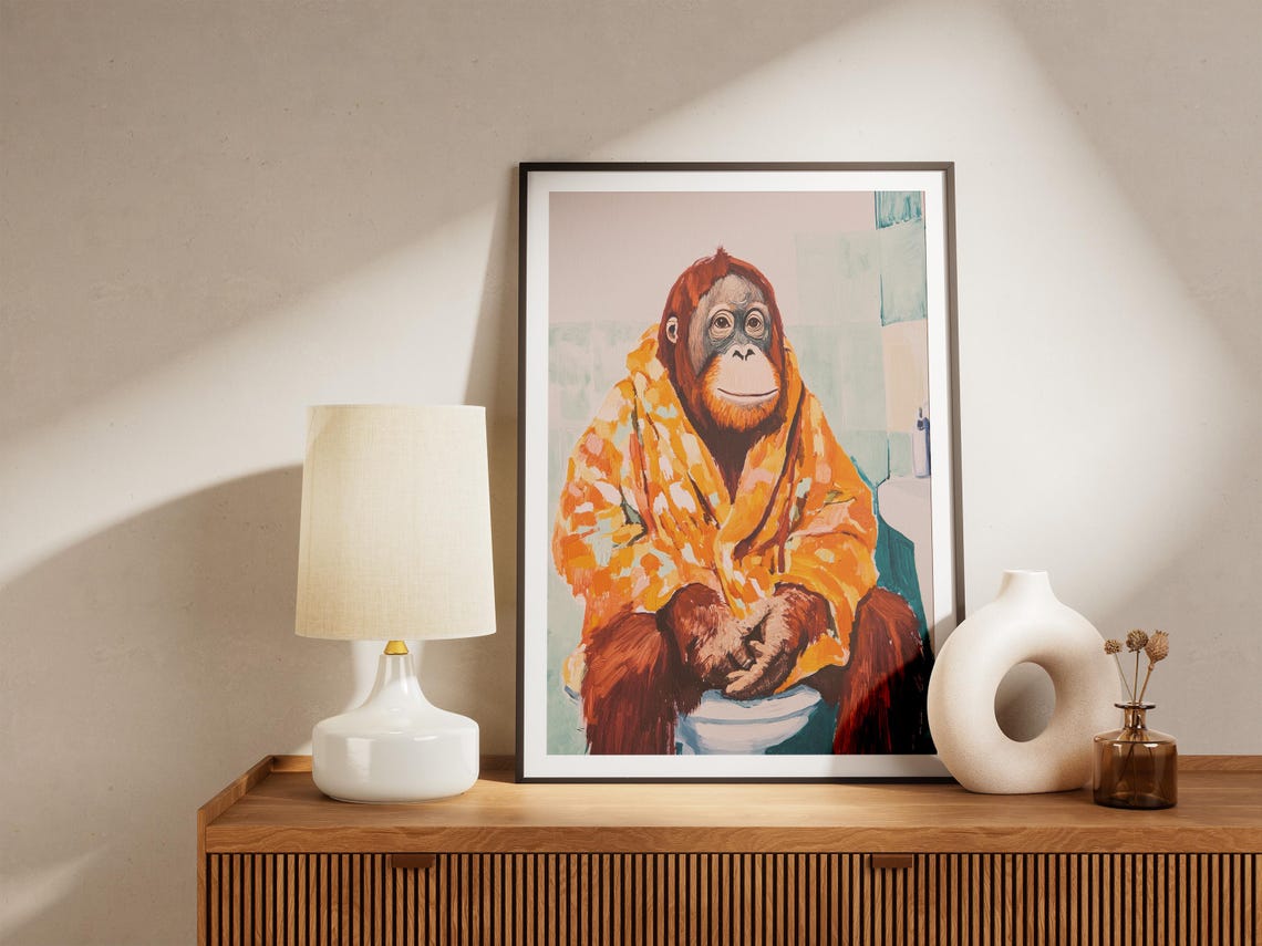 Orangutan in Orange Bathrobe Sitting on Toilet Funny Animal Poster - Image 5