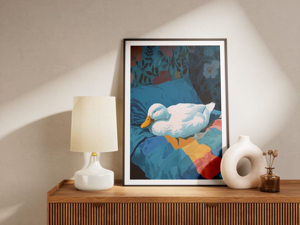 White Duck Sleeping on Blue Bed Floral Headboard Cozy Art Poster - Image 4