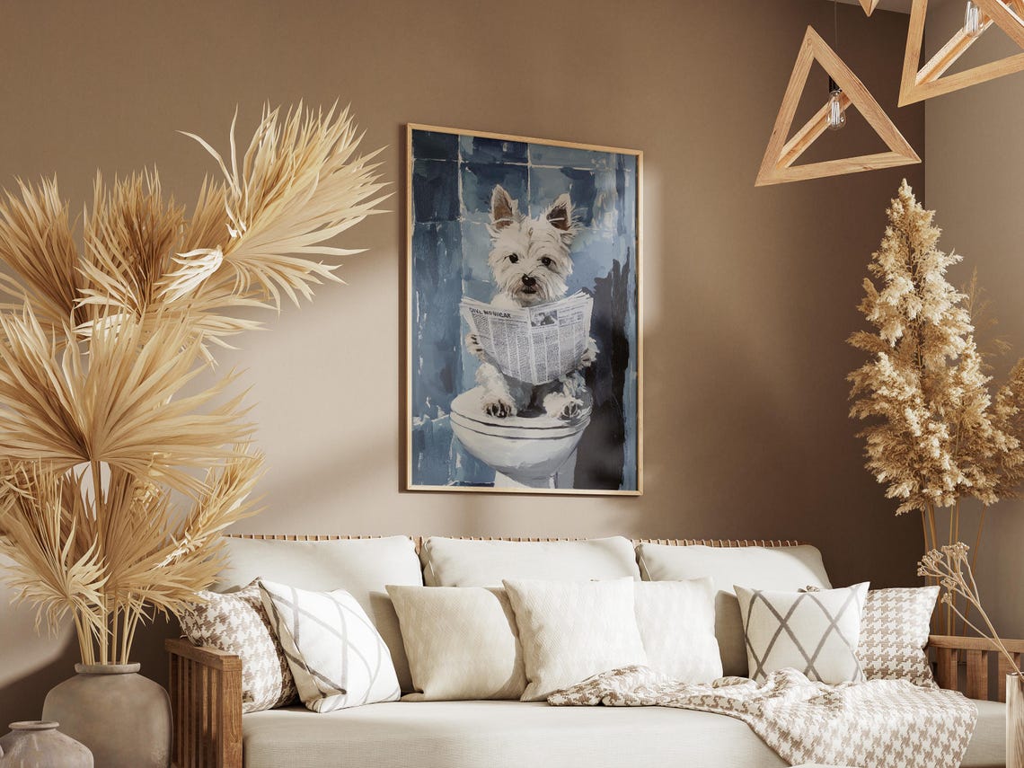 West Highland Terrier Toilet Paper Newspaper Dog Print Funny Pet Wall Art Bathroom Decor Whimsical Dog Painting Modern Dog Poster Cute Puppy - Image 3