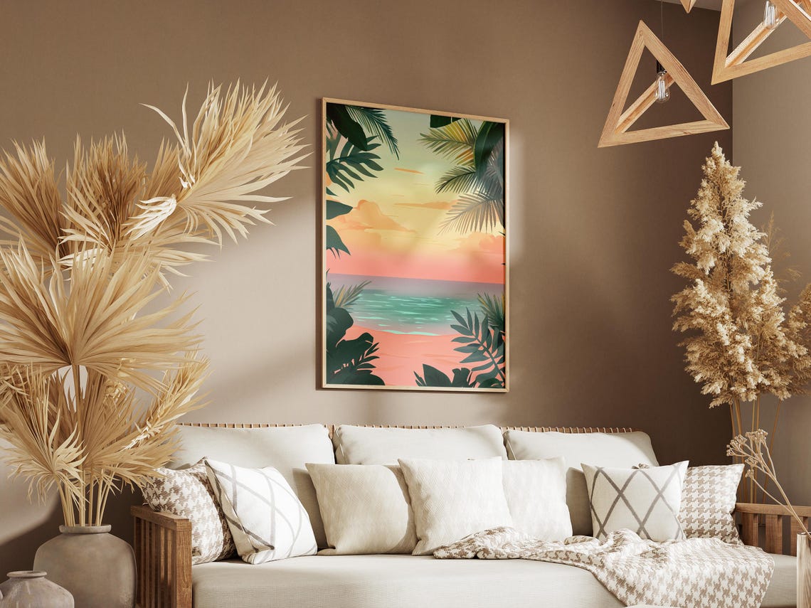 Tropical Beach Sunset Framed By Green Palm Leaves In Pink Poster - Image 3