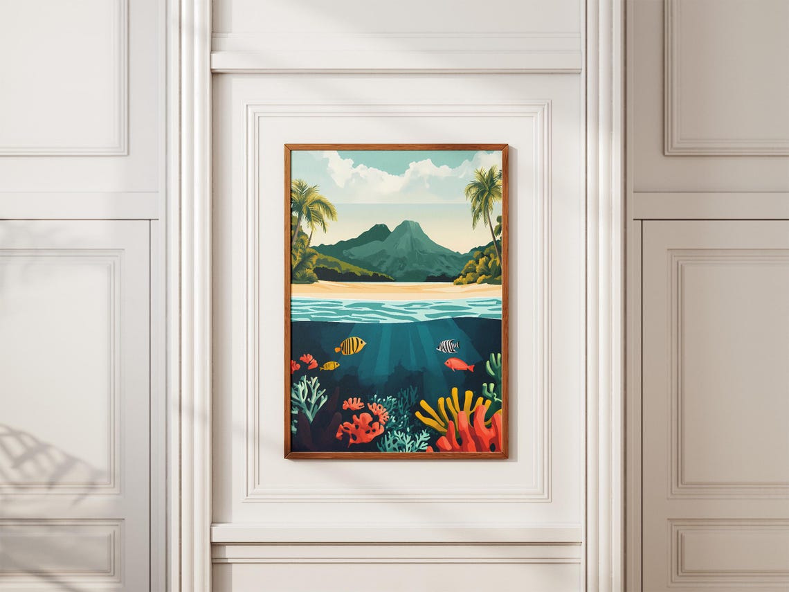 Tropical Island Beach Above Coral Reef Underwater Split View Poster - Image 2
