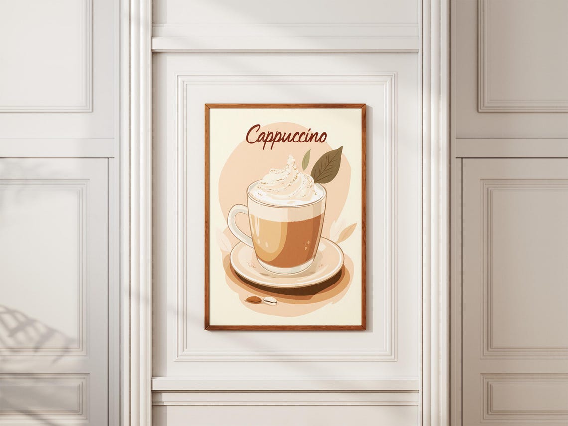 Cappuccino In Glass Mug With Whipped Cream Beige Cafe Wall Art - Image 2