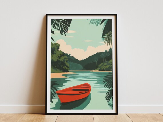 Tropical Red Boat Poster Calm Lagoon Palm Tree Wall Decor Gift
