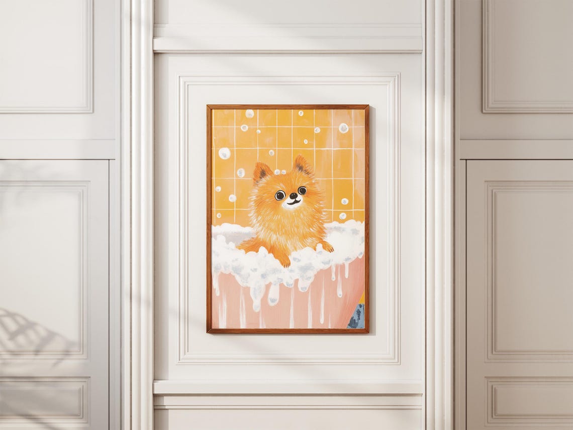 Pomeranian Puppy in Foamy Bubble Bath Orange Tile Cute Dog Wall Poster - Image 2