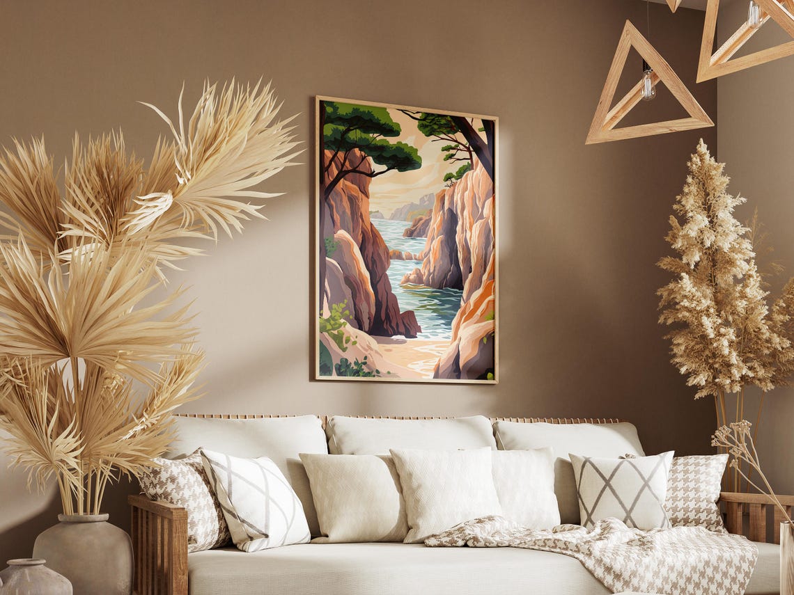 Narrow Sea Cove Between Rock Cliffs Pine Trees Illustration Poster - Image 3
