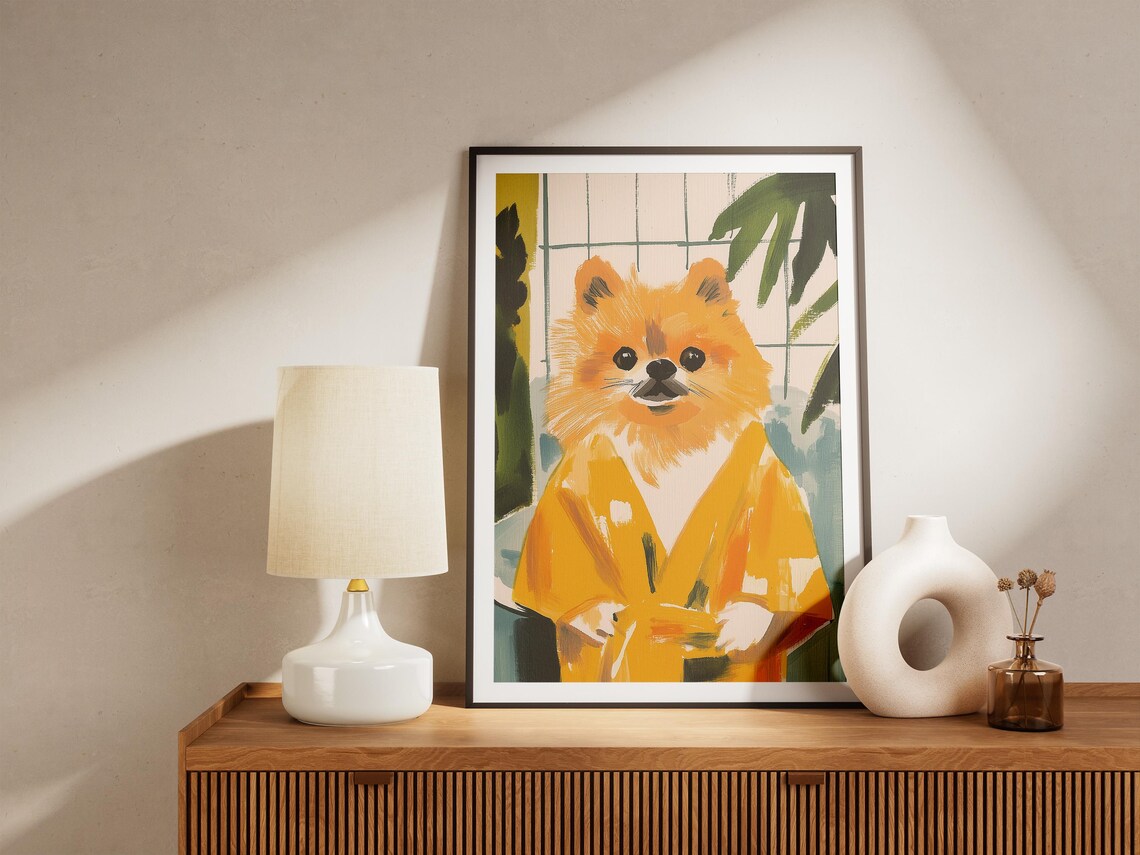 Fluffy Pomeranian in Golden Yellow Robe Cheery Bathroom Art Poster - Image 4