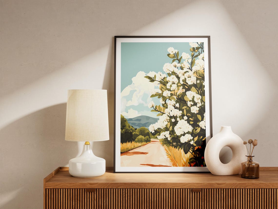 Country Road Lined with White Hydrangea Bushes Summer Poster - Image 5